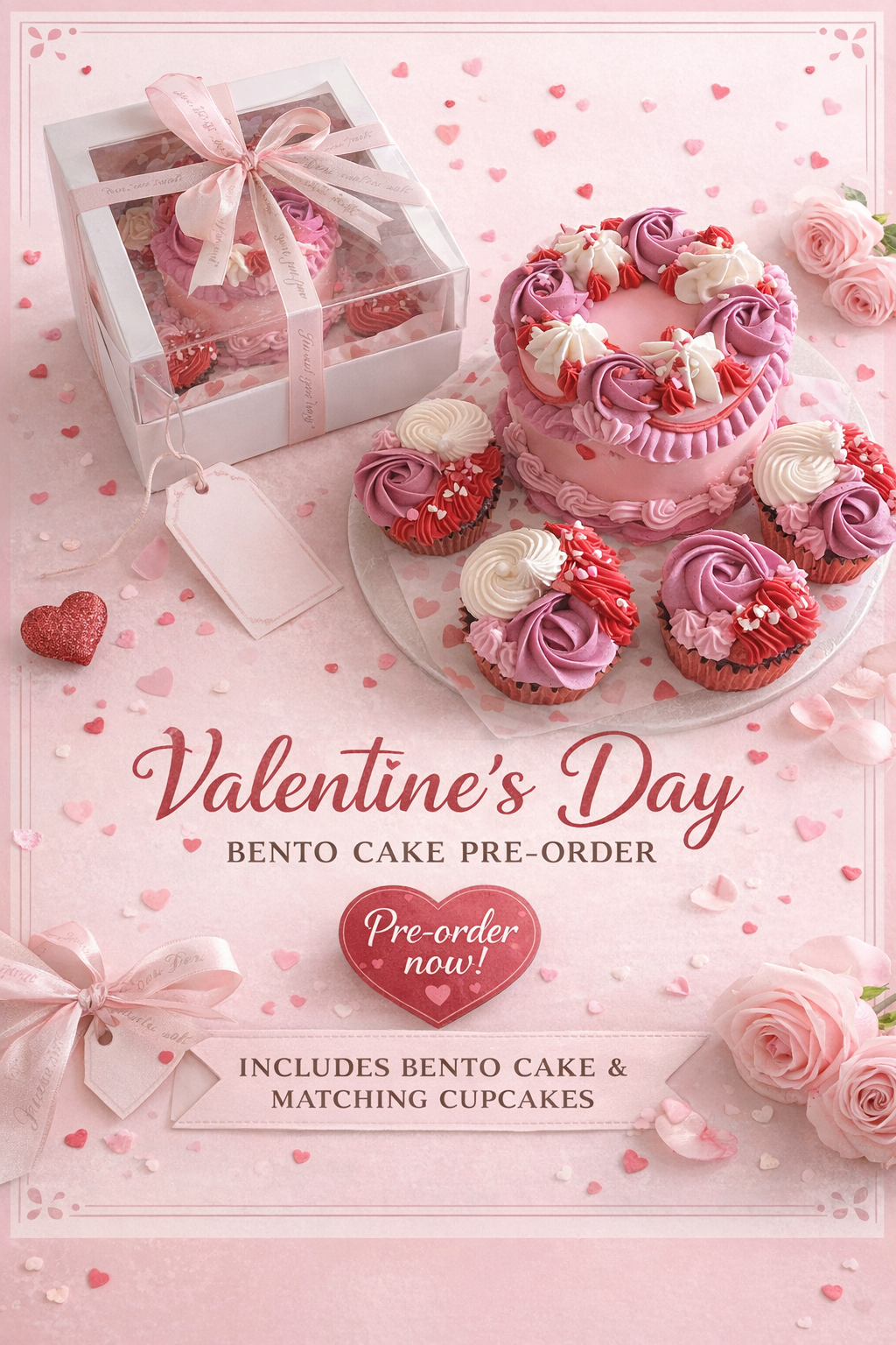 Valentine's Day cake and cupcakes with pink and white theme on a pink background.
