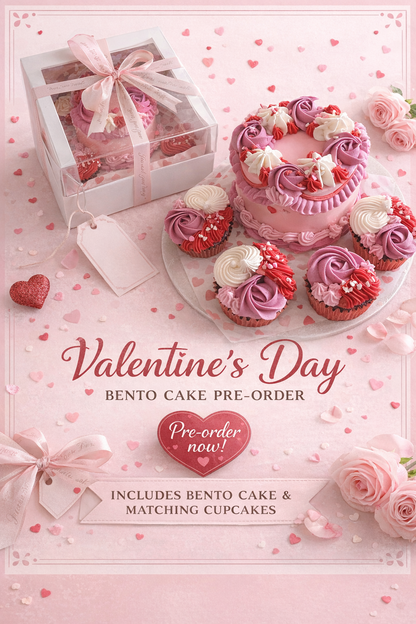 Valentine's Day cake and cupcakes with pink and white theme on a pink background.