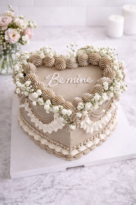 Vintage inspired lambeth Heart-shaped cake with floral decorations and 'Be mine' text on a marble surface.