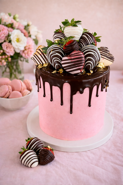 Chocolate-Dipped Strawberry & Heart Shaped Macaron Cake