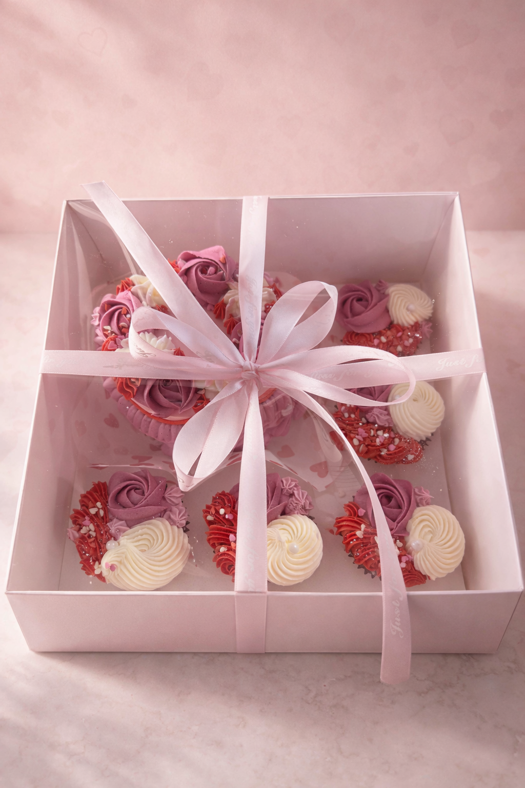 Decorative box with pink, red, and white cupcake-shaped candies on a light pink background