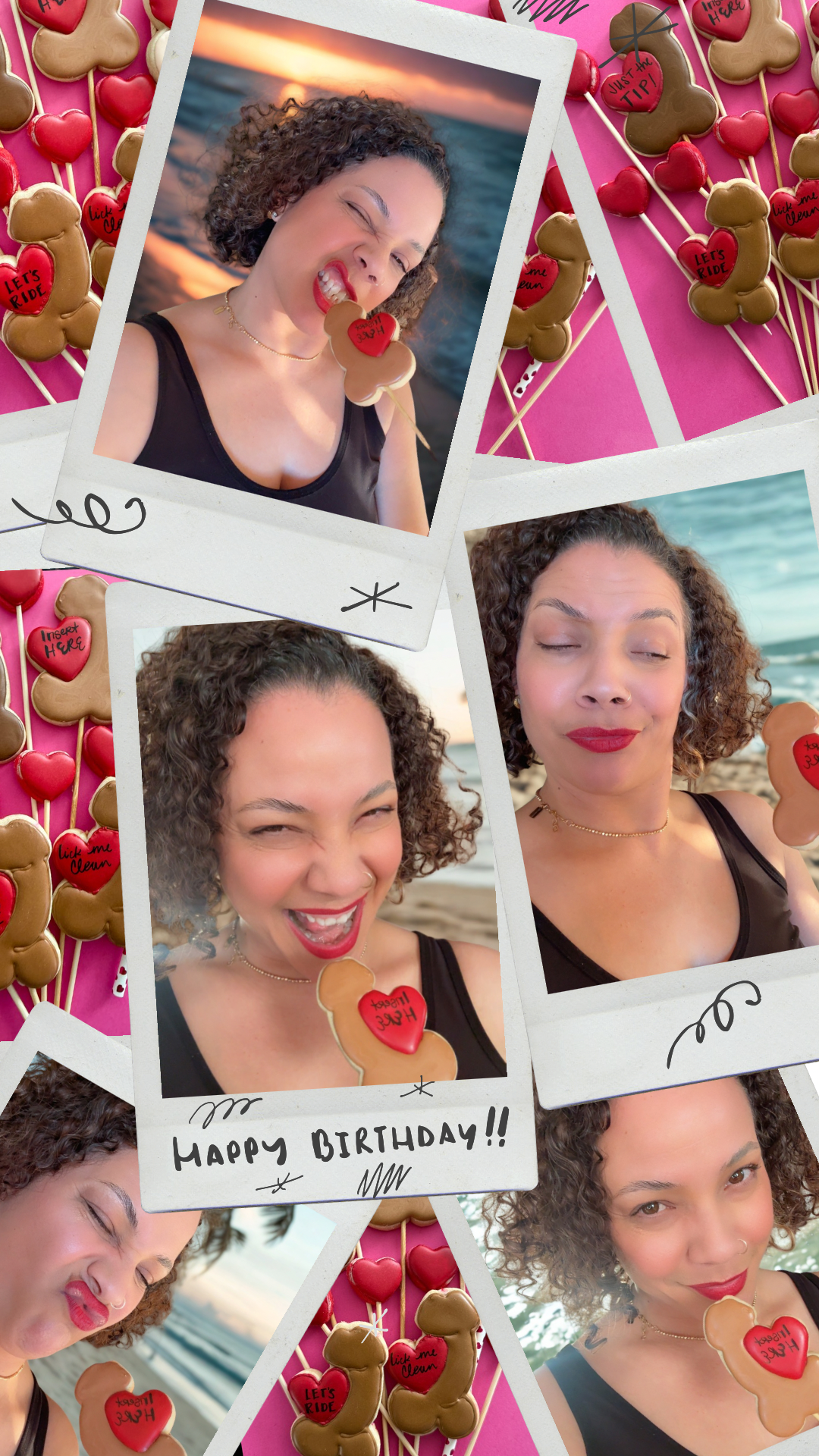 Collage of a woman with heart-shaped cookies and 'Happy Birthday!' text on a pink background.
